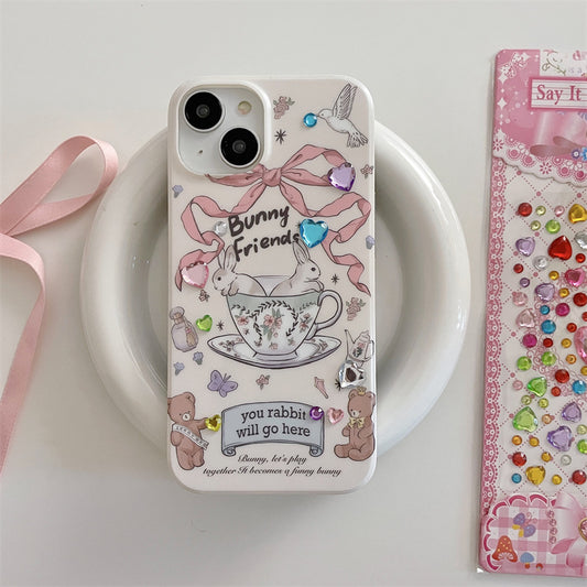 Rabbit Tea Cup Color Diamond Korean Style Fairy White Phone Case