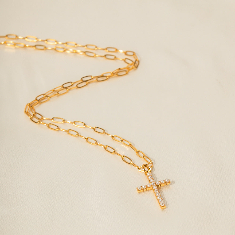 Vintage Pearl Embellished Cross Pendant Necklace – Juicy Moods